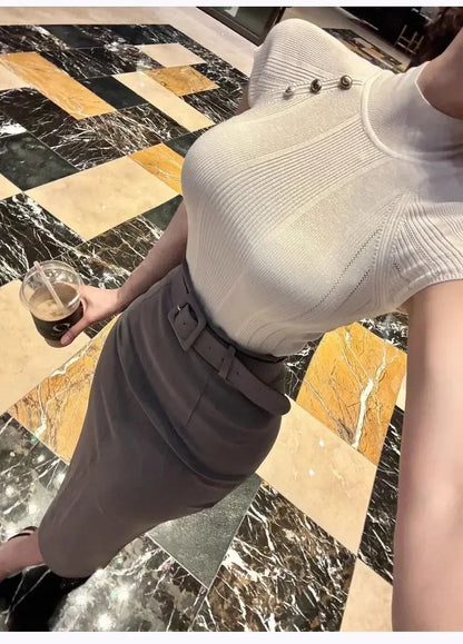 Korean Autumn Dress New Style Stylish and Slim and High Waist Belt and Hip Skirt Korean Versatile Skirt Trendy