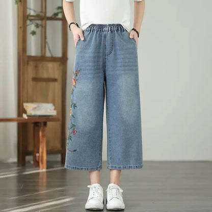 Artistic retro Heavy industry Embroidered Denim Wide leg Pants Spring Summer 2025 New Women's Loose waist Casual Nine Fen Jeans