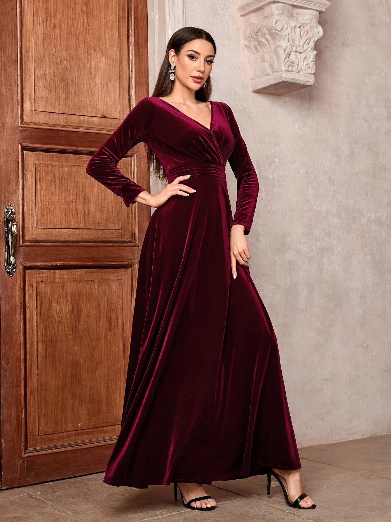 2024 Maxi Dress Lady Solid A-Line Cocktail Prom Long Luxury Elegant Wine Red Soft Velvet Evening Party Wedding Dresses for Women