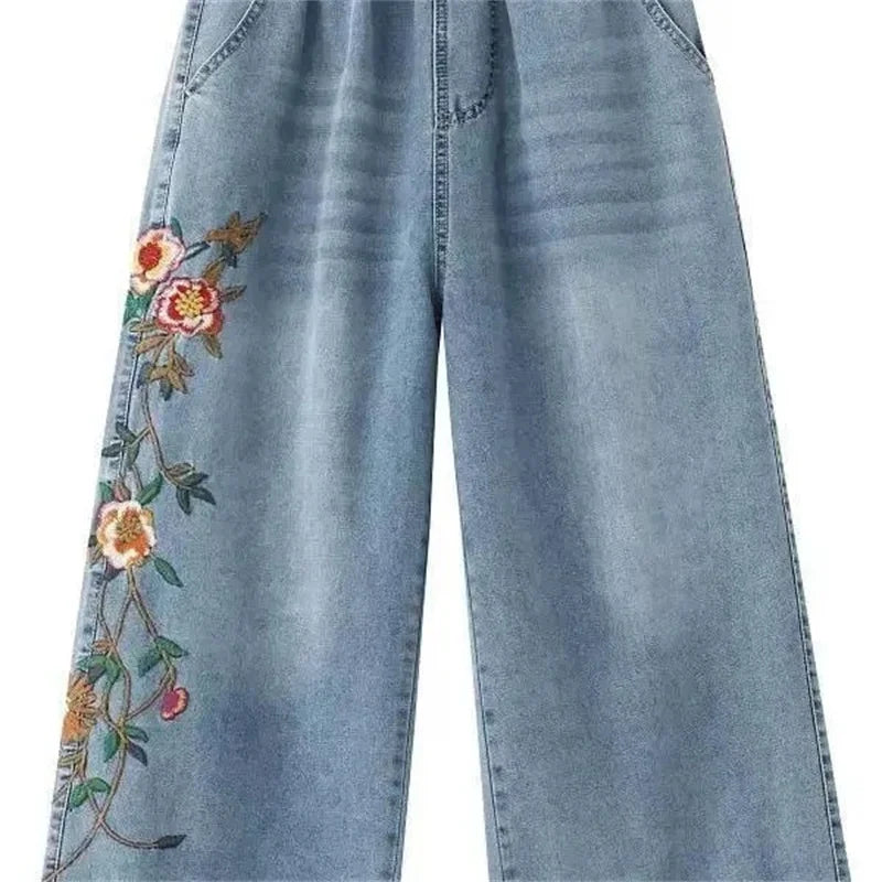 Artistic retro Heavy industry Embroidered Denim Wide leg Pants Spring Summer 2025 New Women's Loose waist Casual Nine Fen Jeans