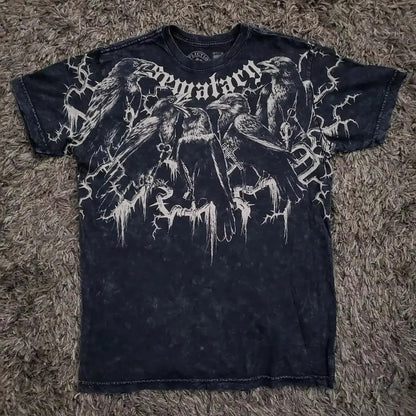 2000s American Skull Pattern Long sleeved T shirt Fashion Round Neck Oversized T shirt New Mens Casual Gothic Clothing Tops