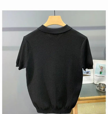 Ice Silk Slim Fit Short Sleeve V-Neck Polo Shirt Men's Knitted Summer New Style Breathable Machine Washable Casual T-Shirt