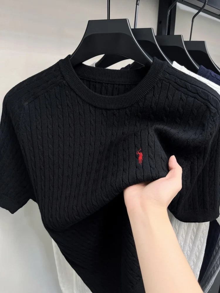Advanced Ice Silk Knitted Short Sleeve Men Summer Trendy Luxury Brand Golf Pony Embroidery Casual Round Neck Breathable T-shirt
