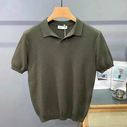Ice Silk Slim Fit Short Sleeve V-Neck Polo Shirt Men's Knitted Summer New Style Breathable Machine Washable Casual T-Shirt