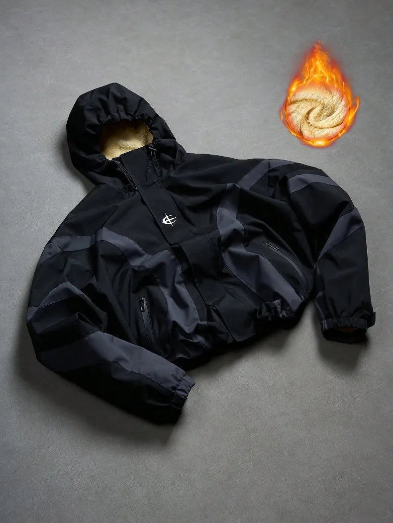 American Style Winter Short Jackets Men Fleece Lined Warm Hooded Coat Man Hip Hop Streetwear Loose Fit Outdoor Windbreaker