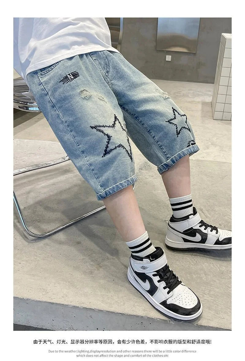 Boys Straight Denim Shorts Summer Children Casual Wide-leg Knee Length Pants Teenage Jean Short Trousers Kids Clothing 5-14 Year