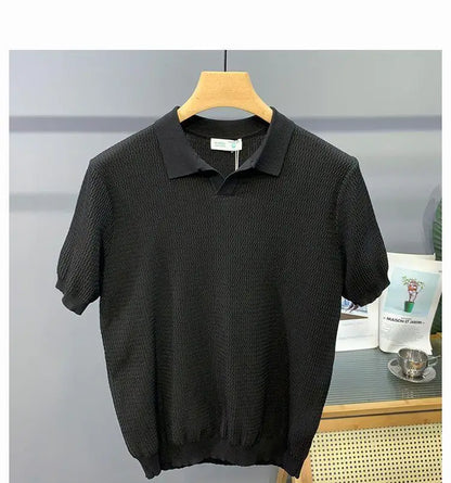 Ice Silk Slim Fit Short Sleeve V-Neck Polo Shirt Men's Knitted Summer New Style Breathable Machine Washable Casual T-Shirt