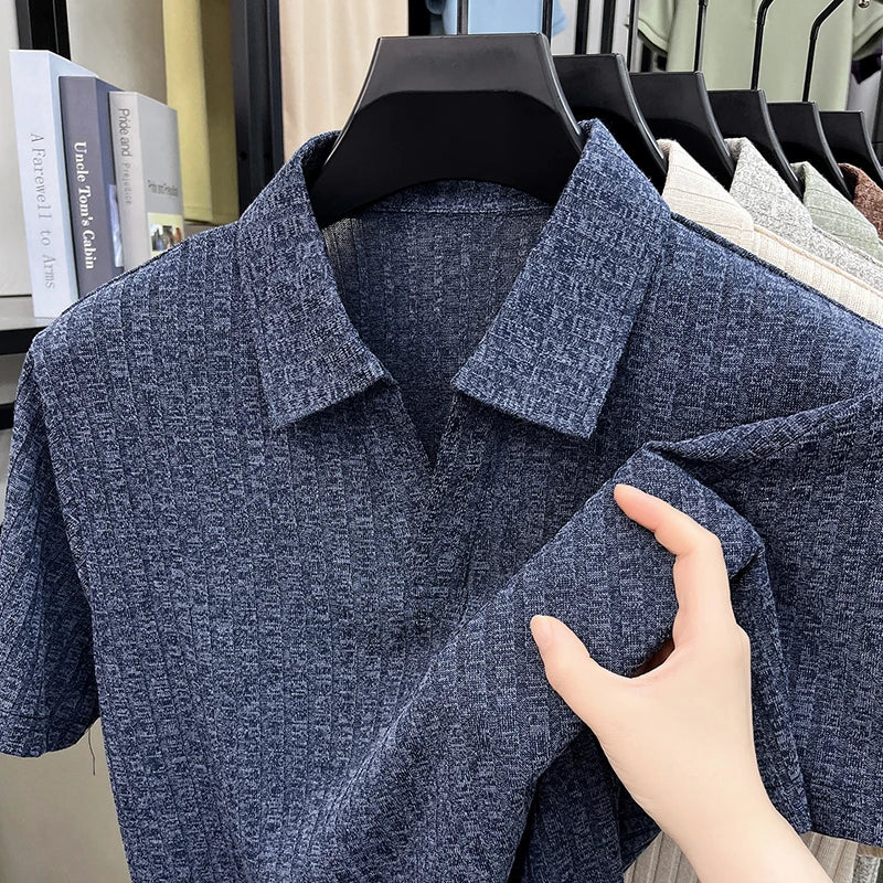 Men's Breathable Knitted Polo Tee Short Sleeve V Neck Striped Fabric Lightweight Casual Business Daily Wear