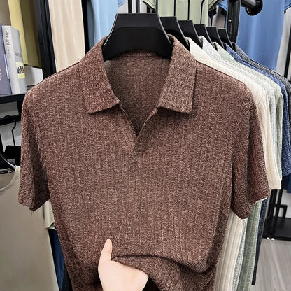 Men's Breathable Knitted Polo Tee Short Sleeve V Neck Striped Fabric Lightweight Casual Business Daily Wear