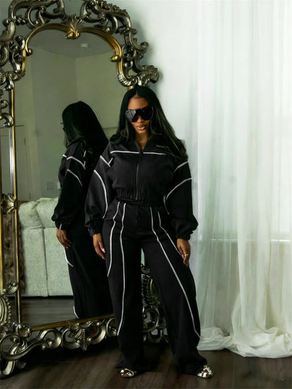 Doyerl Striped Casual Tracksuit Woman Two Piece Set Sports Workout Zipper Long Sleeve Jacket Coat and Sweatpants Matching Sets