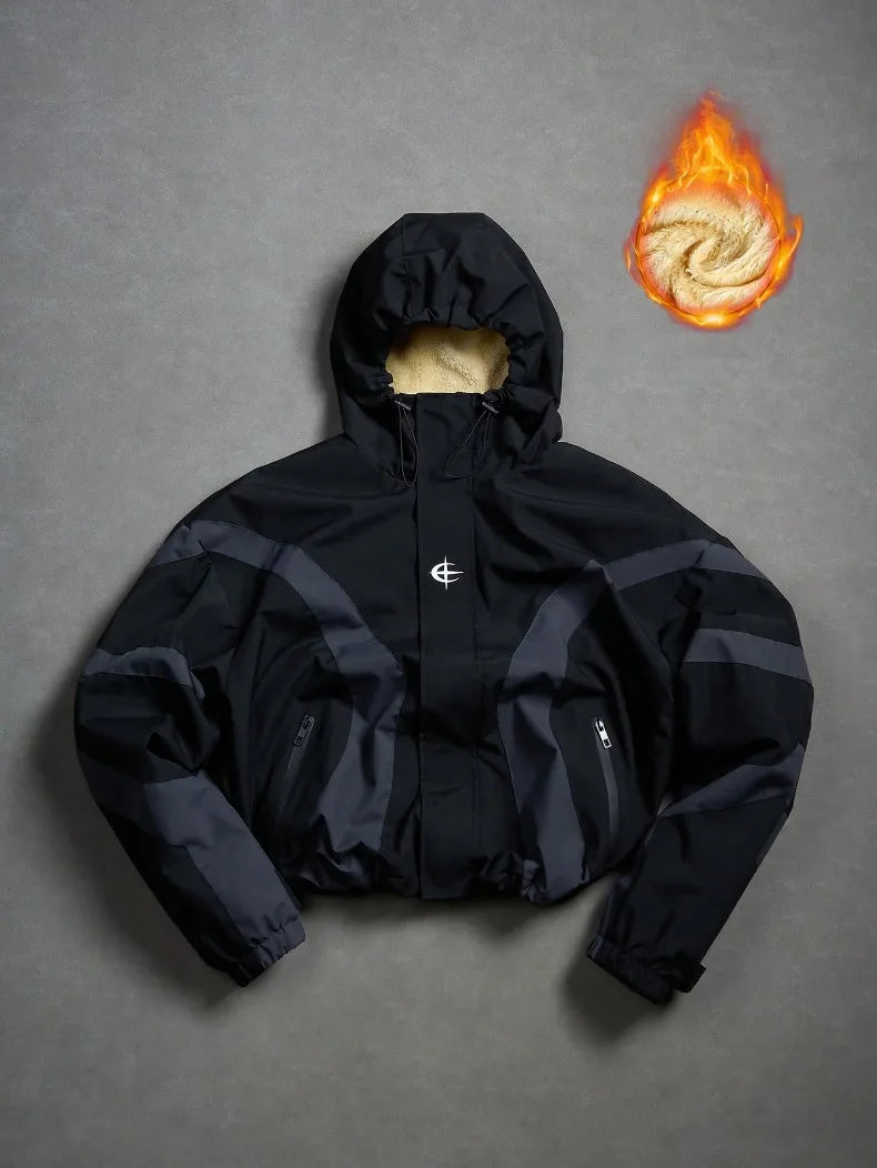 American Style Winter Short Jackets Men Fleece Lined Warm Hooded Coat Man Hip Hop Streetwear Loose Fit Outdoor Windbreaker