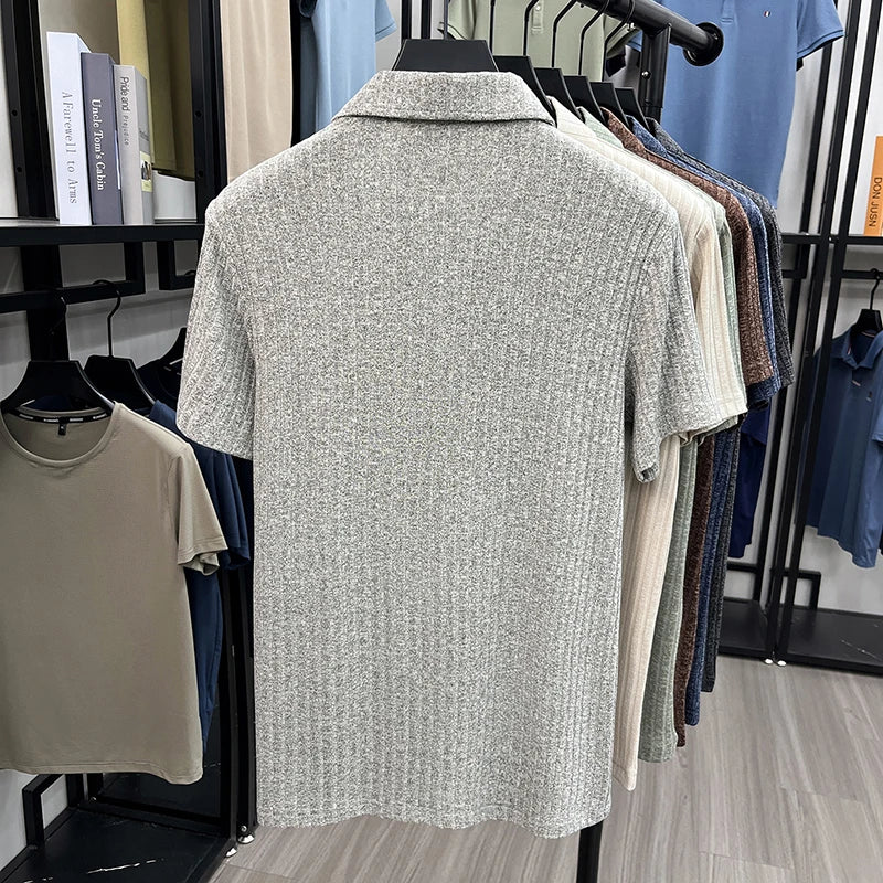 Men's Breathable Knitted Polo Tee Short Sleeve V Neck Striped Fabric Lightweight Casual Business Daily Wear