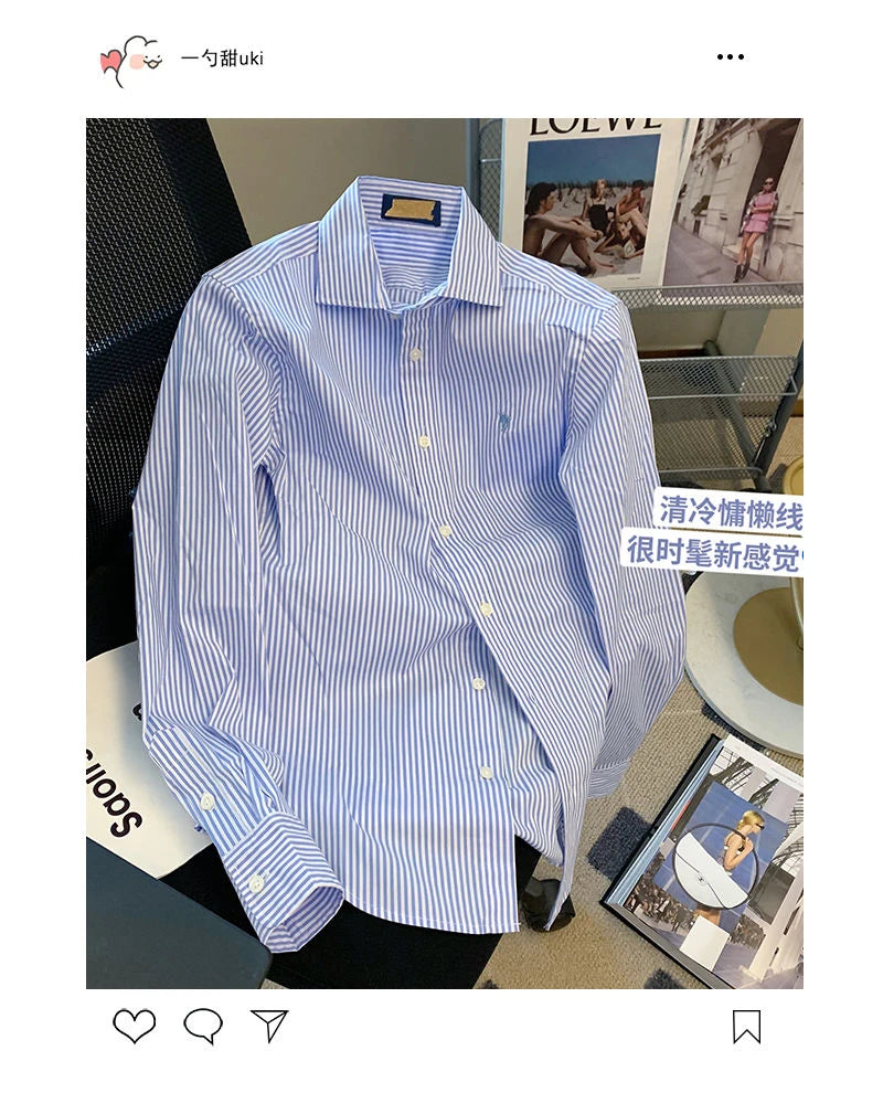 Striped Polo Neck Button Shirt Tops Long Sleeve Loose All-match High Street Blouse Fashion Casual Spring New Women Clothing