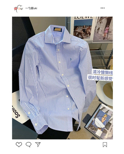 Striped Polo Neck Button Shirt Tops Long Sleeve Loose All-match High Street Blouse Fashion Casual Spring New Women Clothing