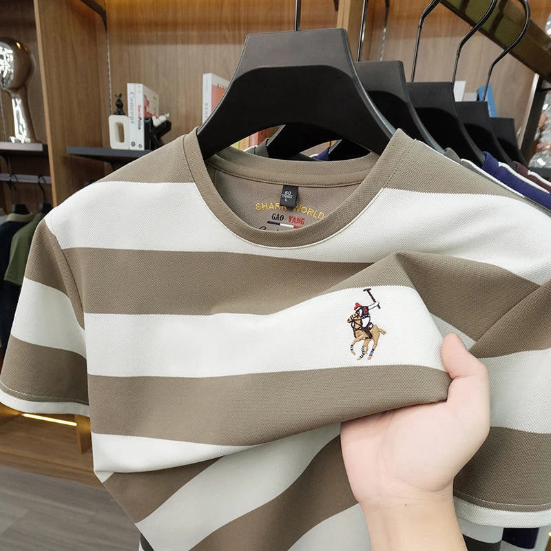 Striped Round Neck Short Sleeved T-shirt for Men's Summer Casual Loose Breathable Top Embroidered Men's Base T-shirt
