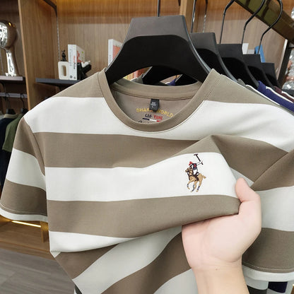 Striped Round Neck Short Sleeved T-shirt for Men's Summer Casual Loose Breathable Top Embroidered Men's Base T-shirt