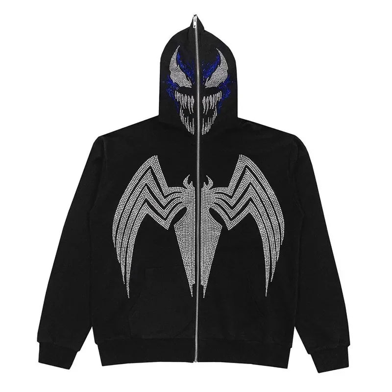 Skeleton Pattern Rhinestone Zipper Hoodies Men Women Hip Hop Street Hoodie Retro Punk Gothic Autumn Oversize Sweatshirt Jacket