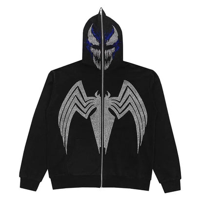 Skeleton Pattern Rhinestone Zipper Hoodies Men Women Hip Hop Street Hoodie Retro Punk Gothic Autumn Oversize Sweatshirt Jacket