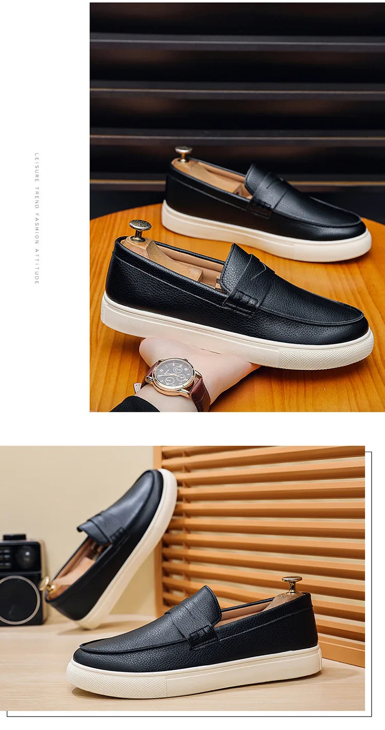 Casual Slip-On Men's Bean Oes Spring 2026 New Sle Comfortable Leather Sneakers Breathable Round Toe Flat Heel PU Lined