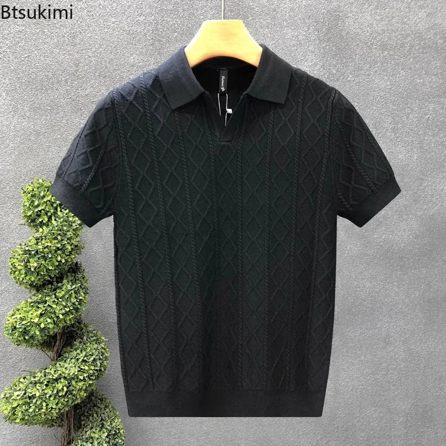 Polo Style Sweaters for Men Summer New Slim Fit Short Sleeve Business Casual T-shirts Male Solid Turn Down Collar Knitwear Tops