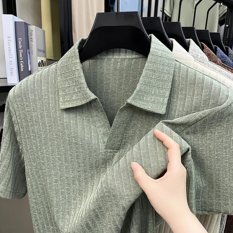 Men's Breathable Knitted Polo Tee Short Sleeve V Neck Striped Fabric Lightweight Casual Business Daily Wear