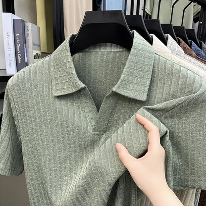 Men's Breathable Knitted Polo Tee Short Sleeve V Neck Striped Fabric Lightweight Casual Business Daily Wear