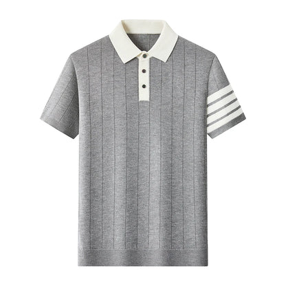 High End Light Luxury Color Blocked Knitted Summer Men's Short Sleeved Polo Shirt, Thin Grain Design, Casual T-shirt