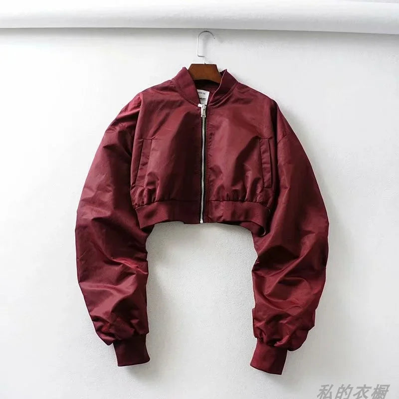 High Waisted Cropped Flight Jacket Women Spring Autumn Long Sleeved Folds Zipper Outerwear Casual Loose-fit Bomber Jackets Coat