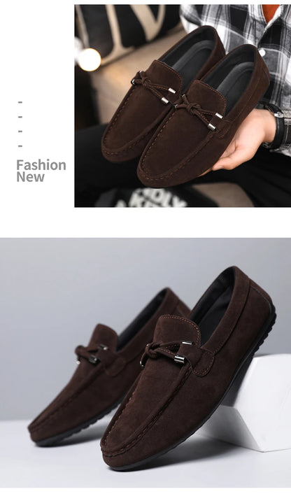 2026 Summer Casual Fashion Driving Loafers Suede Leather Minimalist Slip-Ons Comfortable Trendy Work Shoes Black & Khaki Two-Ton