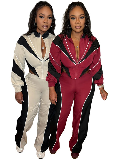 Fashion Women Windbreaker Set Color Block Long Sleeve Zipper Tops and Sweatpants 2025 Fall 2 Piece Sets Streetwear Outfits New