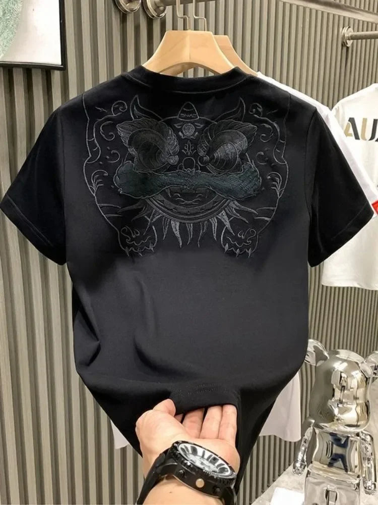 Male Tees Shirts Skinny Embroidery Lion New In Party Y2k Original Tops Hot Basic Korean Popular Clothes Cool Cheap Men's T-shirt