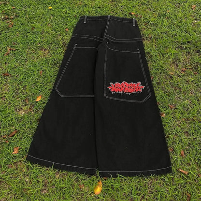 Vintage Cherry Blossom Black Knight Embroidery Jeans Y2k Retro Baggy Straight Denim Pants Blue Wash Jean Men Clothing Streetwear
