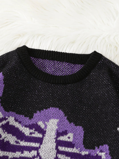 New Popular Spring and Autumn Bone-Shaped Butterfly Jacquard Pattern Pullover Sweater Casual Round Neck Contrast Color Knitted m