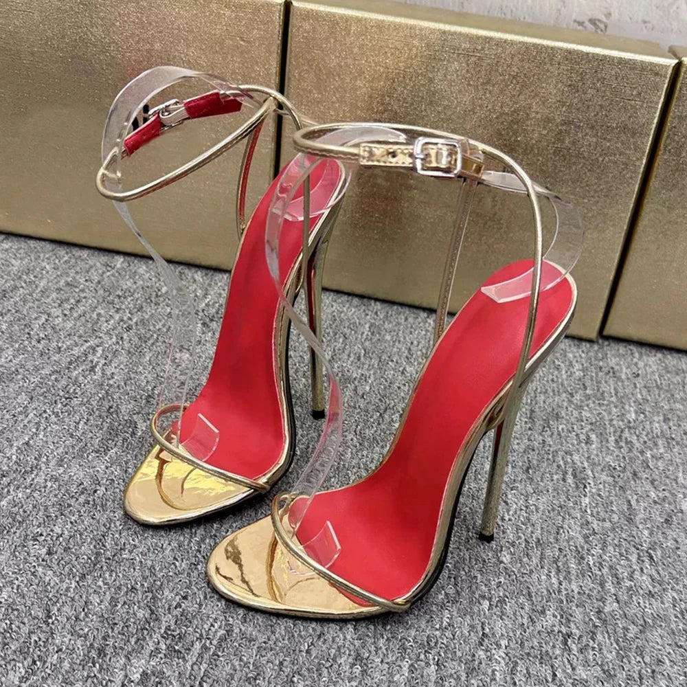 2026 NEW Chic Summer 14cm 16cm Ultra High Heels Buckle Sandal Woman Shiny Silver Ankle Strap PumpsStripper Show Unisex Shoes