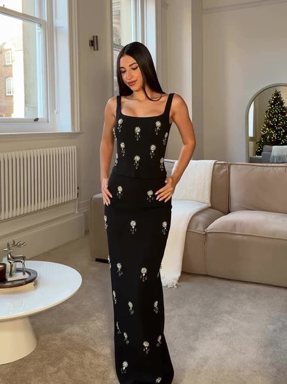 Black Two-piece Beaded Zipper Top & Skirt Set