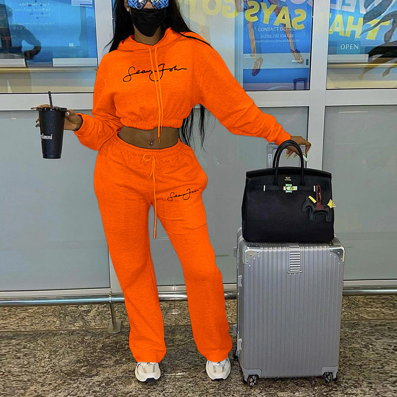 Letter Print Hooded Sweatshirt And Pants For Women