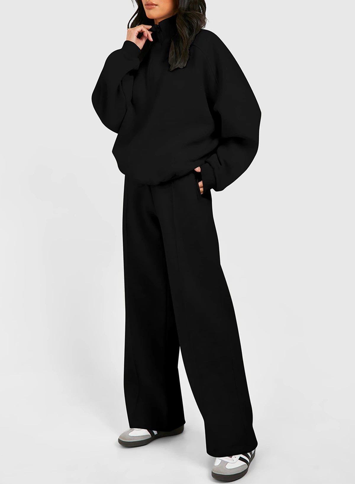 Black Half Zip Sweatshirt & Wide-Leg Pants 2pcs Set