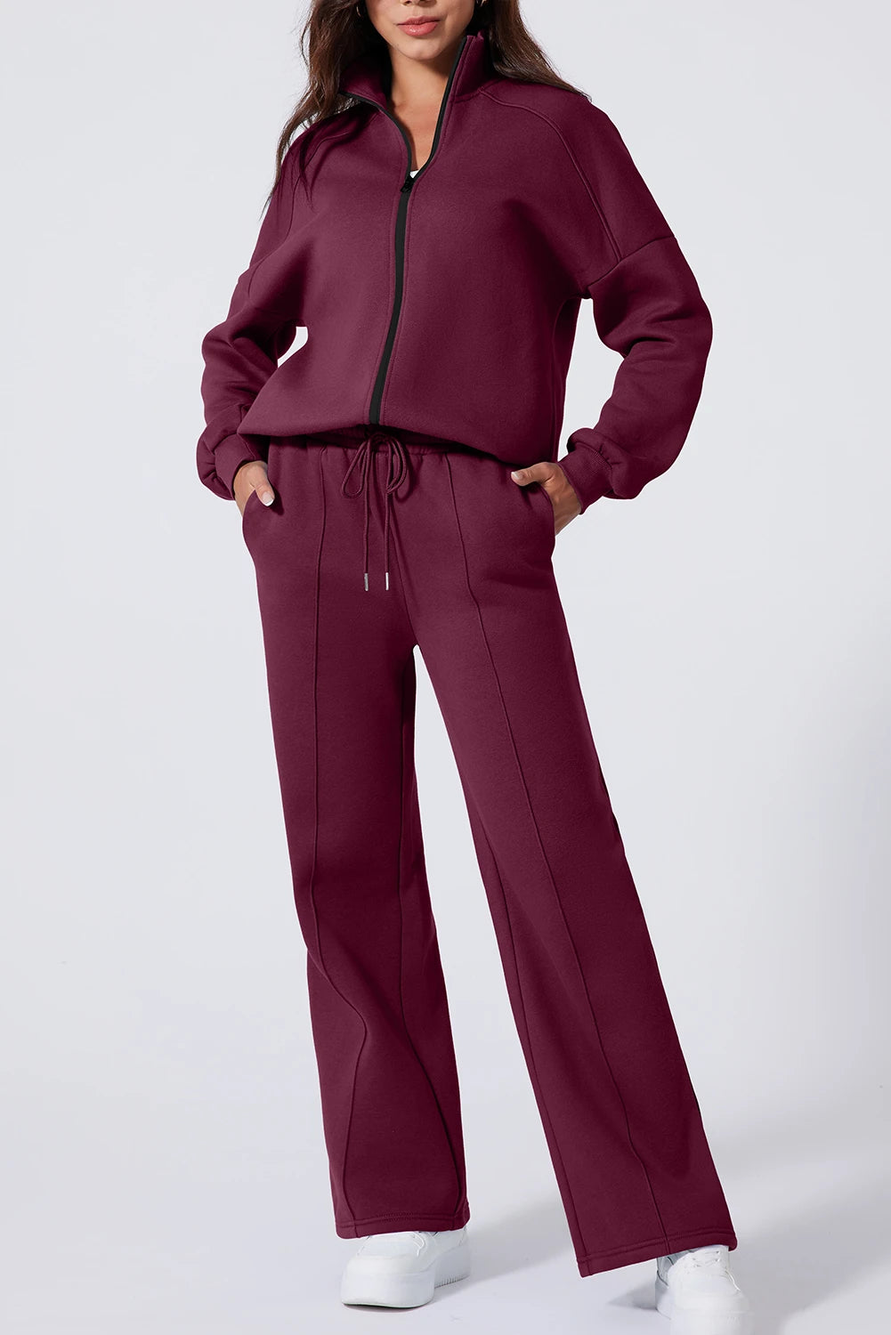 Burgundy Drop Shoulder Zip Up Jacket & Drawstring Wide-Leg Pants Active 2pcs Set