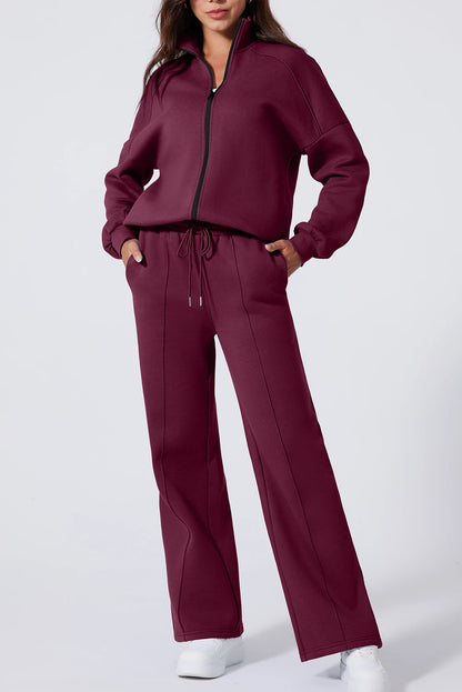 Burgundy Drop Shoulder Zip Up Jacket & Drawstring Wide-Leg Pants Active 2pcs Set