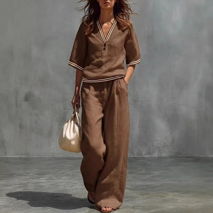 Cotton-Linen V-Neck Casual Comfortable Short-Sleeve Shirt And Pants Set