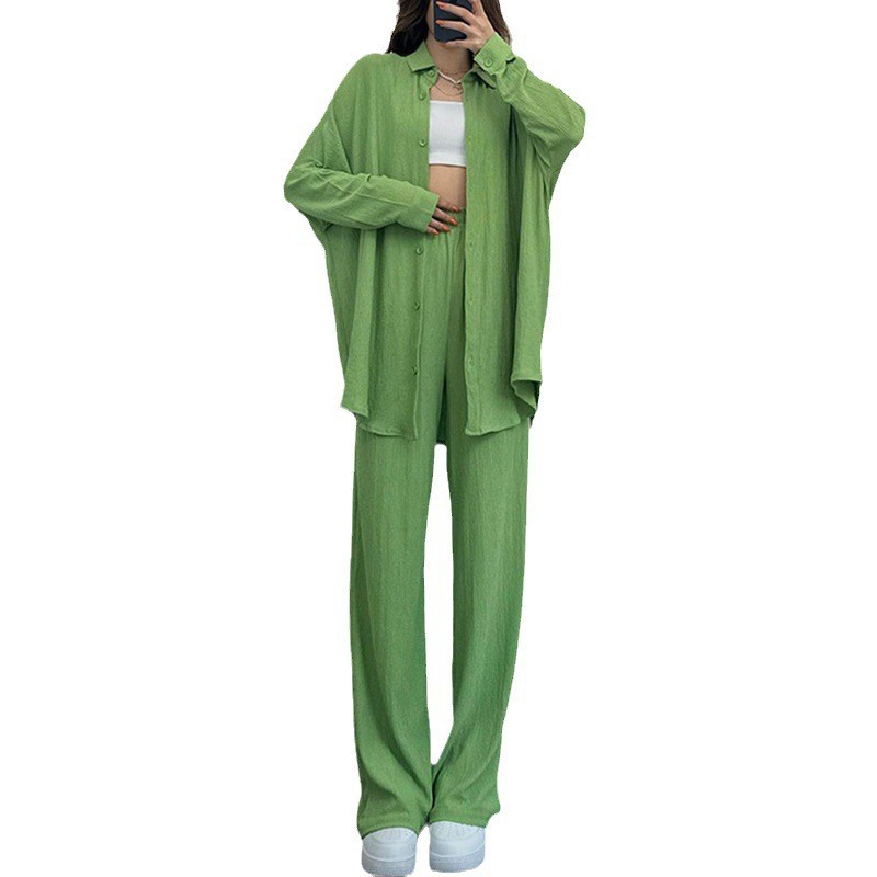 Women's Fashion Casual Temperament Pure Color Long-sleeved Shirt Wide-leg Trousers Two-piece Set