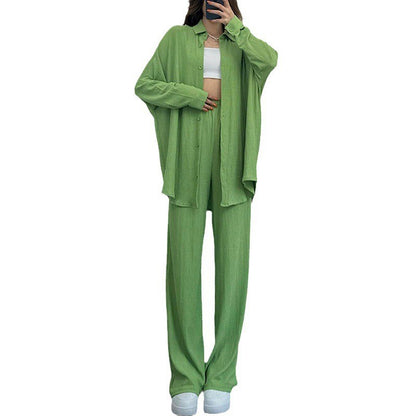 Women's Fashion Casual Temperament Pure Color Long-sleeved Shirt Wide-leg Trousers Two-piece Set
