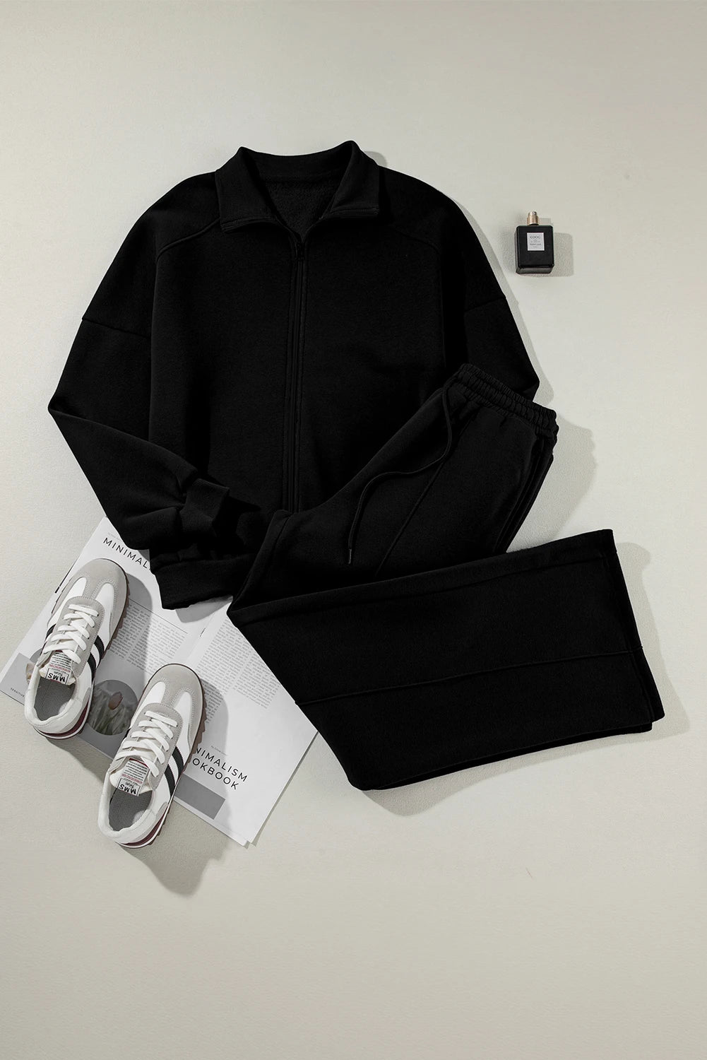 Black Half Zip Sweatshirt & Wide-Leg Pants 2pcs Set