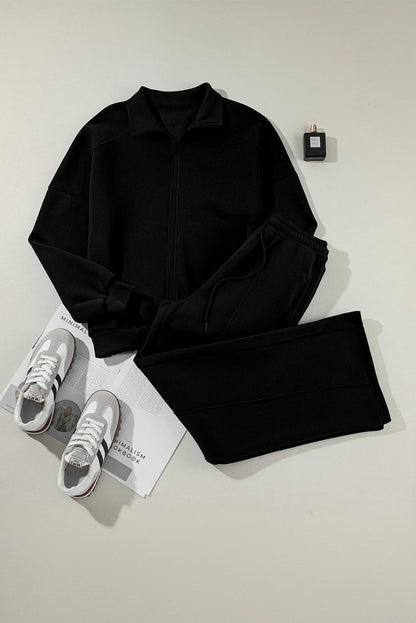 Black Half Zip Sweatshirt & Wide-Leg Pants 2pcs Set