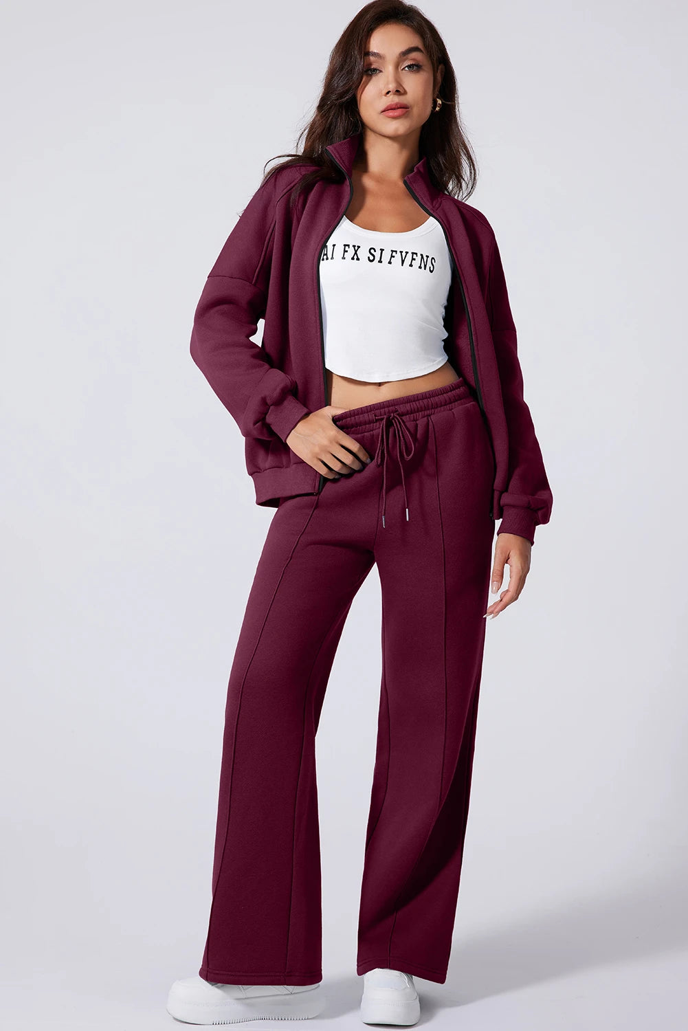 Burgundy Drop Shoulder Zip Up Jacket & Drawstring Wide-Leg Pants Active 2pcs Set