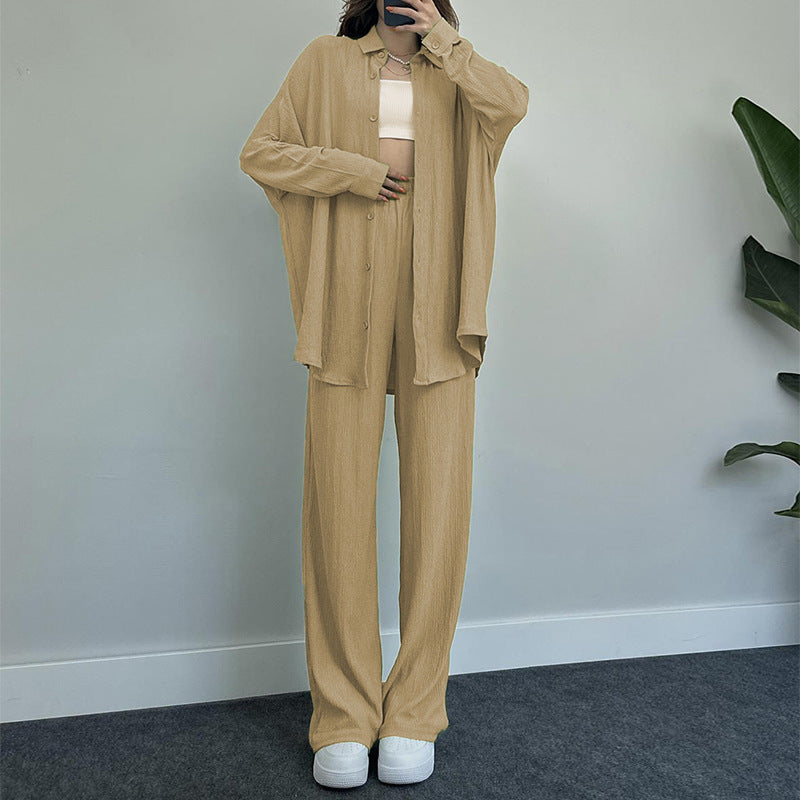 Women's Fashion Casual Temperament Pure Color Long-sleeved Shirt Wide-leg Trousers Two-piece Set