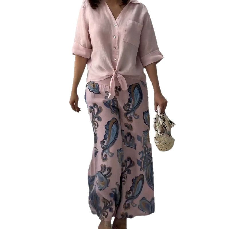 Summer New Cardigan Shirt High Waist Loose Trousers Two-piece Suit
