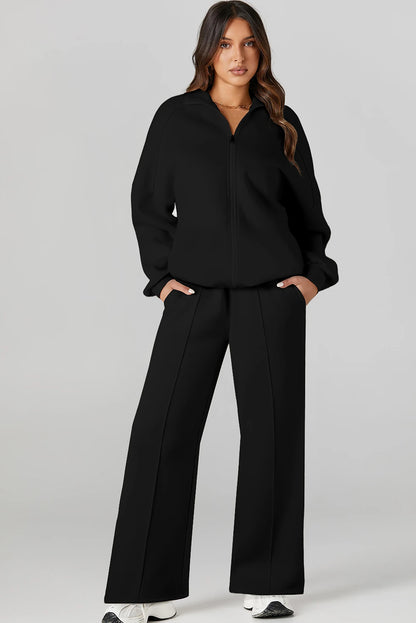 Black Half Zip Sweatshirt & Wide-Leg Pants 2pcs Set