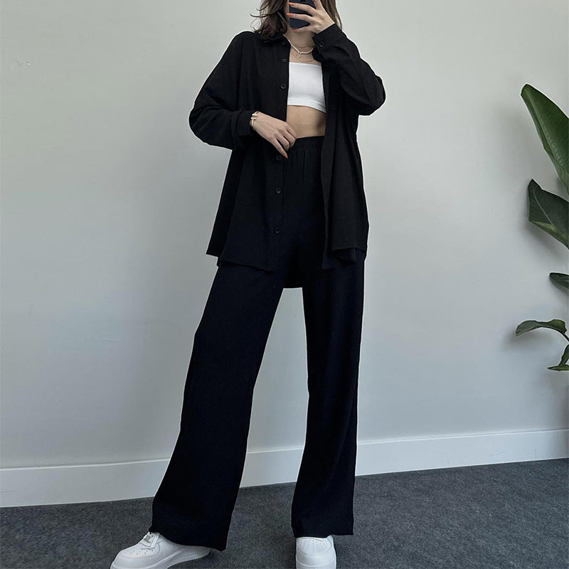 Women's Fashion Casual Temperament Pure Color Long-sleeved Shirt Wide-leg Trousers Two-piece Set