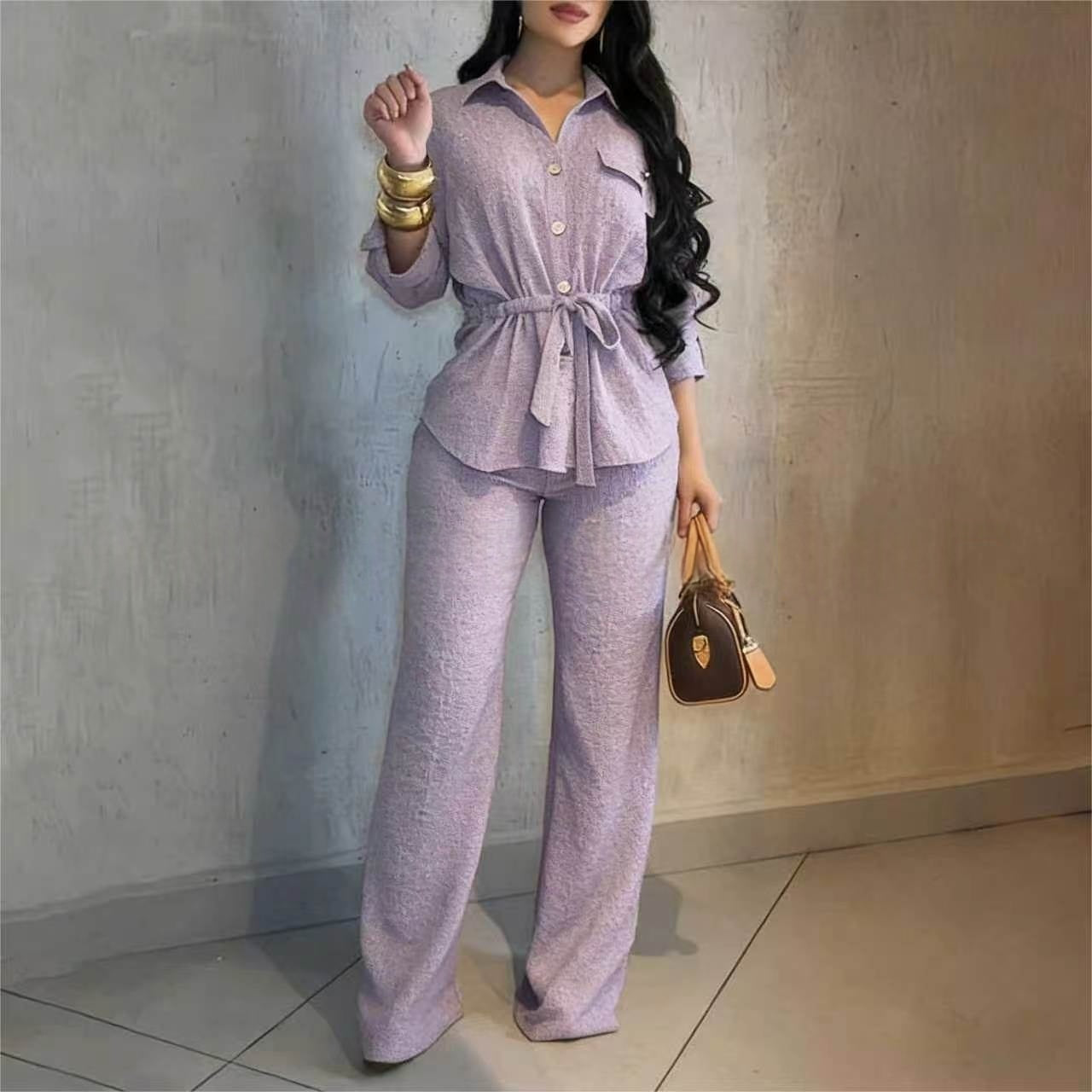 Fashionable Lapel Collar Long-Sleeve Shirt And Pants Set For Women